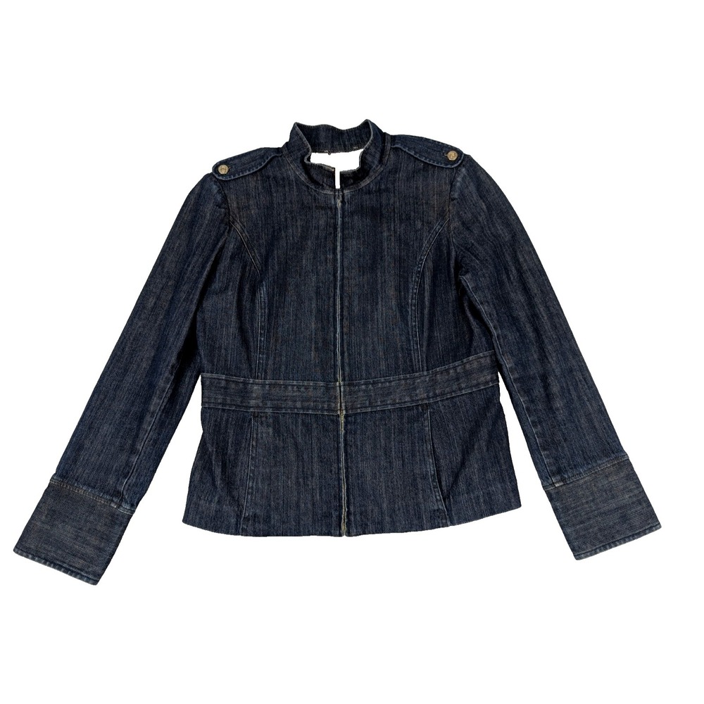 St John Sport Denim Jacket Women's Size M Full Zip Shoulder Pads Button Cuffs